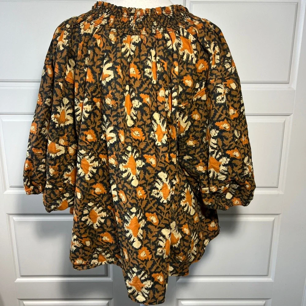 Free People Floral Print Smocked Neck Tie Neck Blouse‎ Brown Black Cream Medium